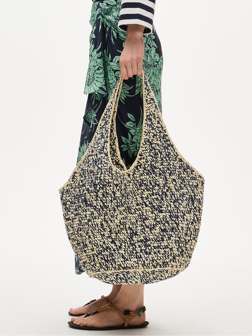 J.CREW NWT Large Handwoven Tote in Marled Straw Lemongrass Navy
